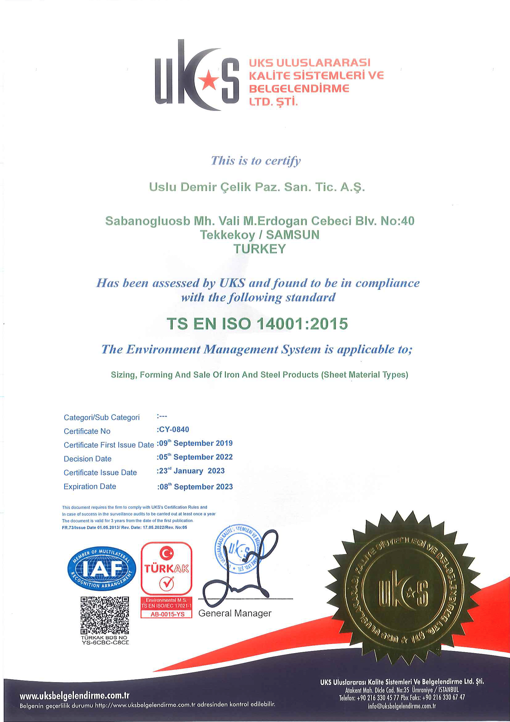 USLU DEMİR ÇELİK ISO 14001