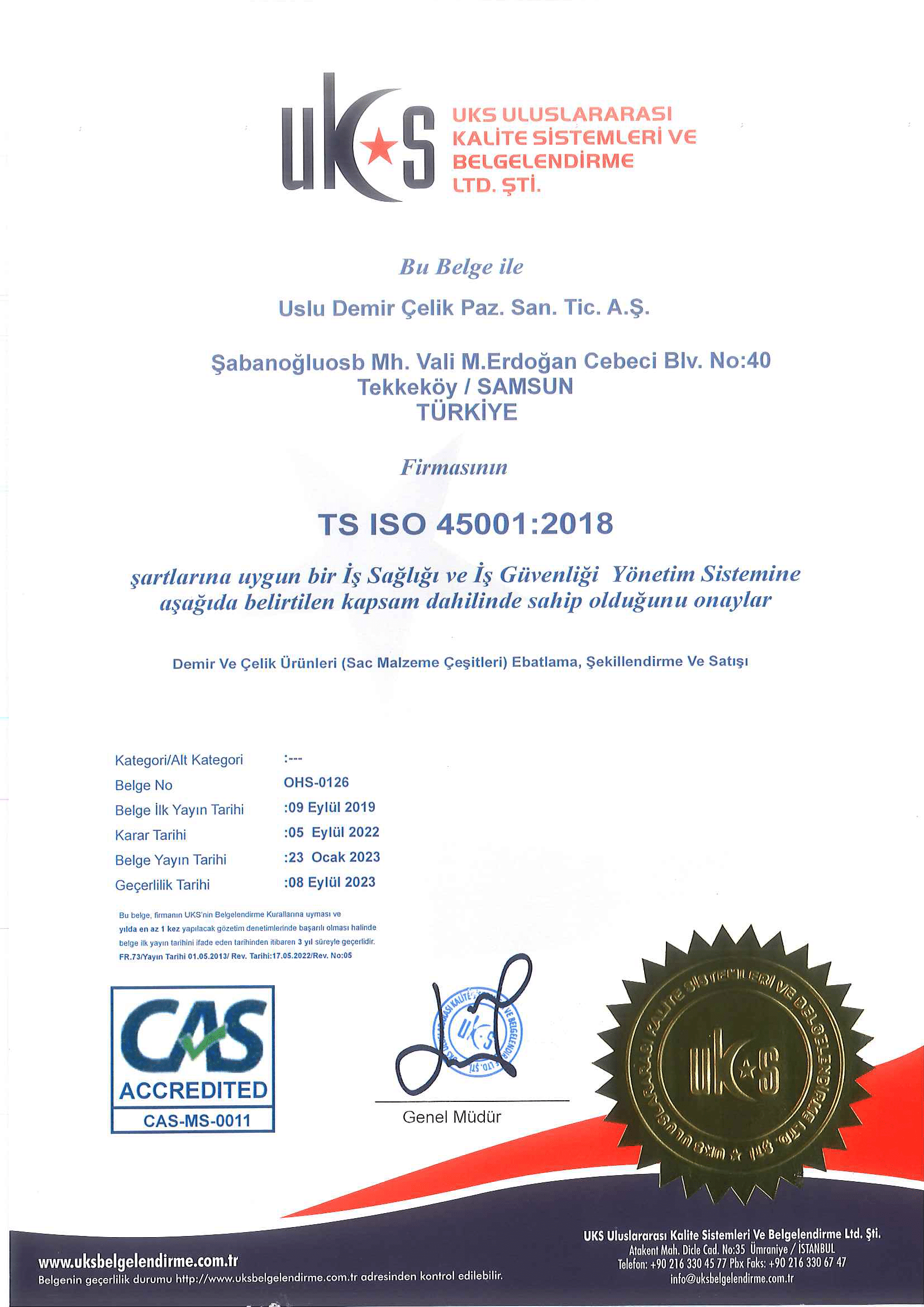 USLU DEMİR ÇELİK ISO 45001