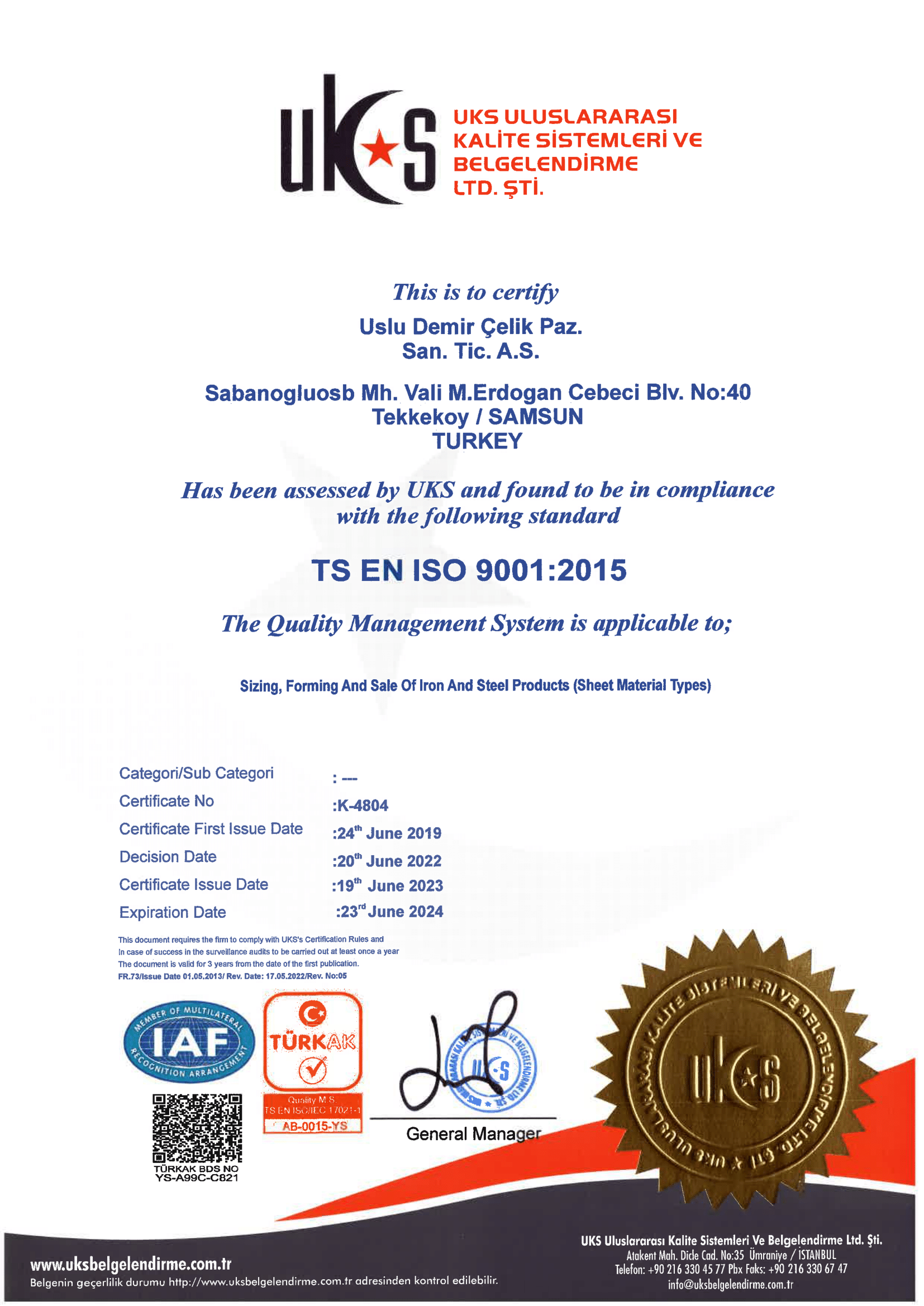 USLU DEMİR ÇELİK ISO 9001